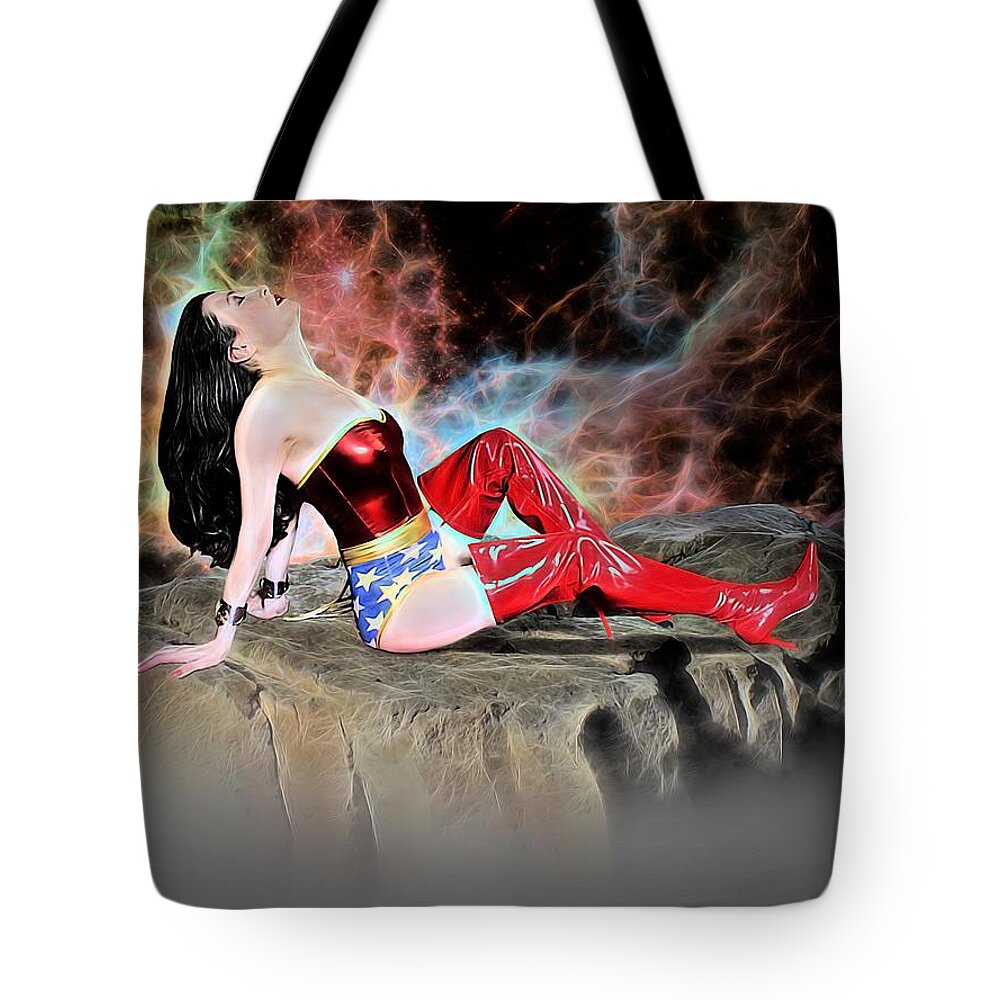 Fantasy Tote Bag featuring the painting Wonder Warrior At Rest by Jon Volden