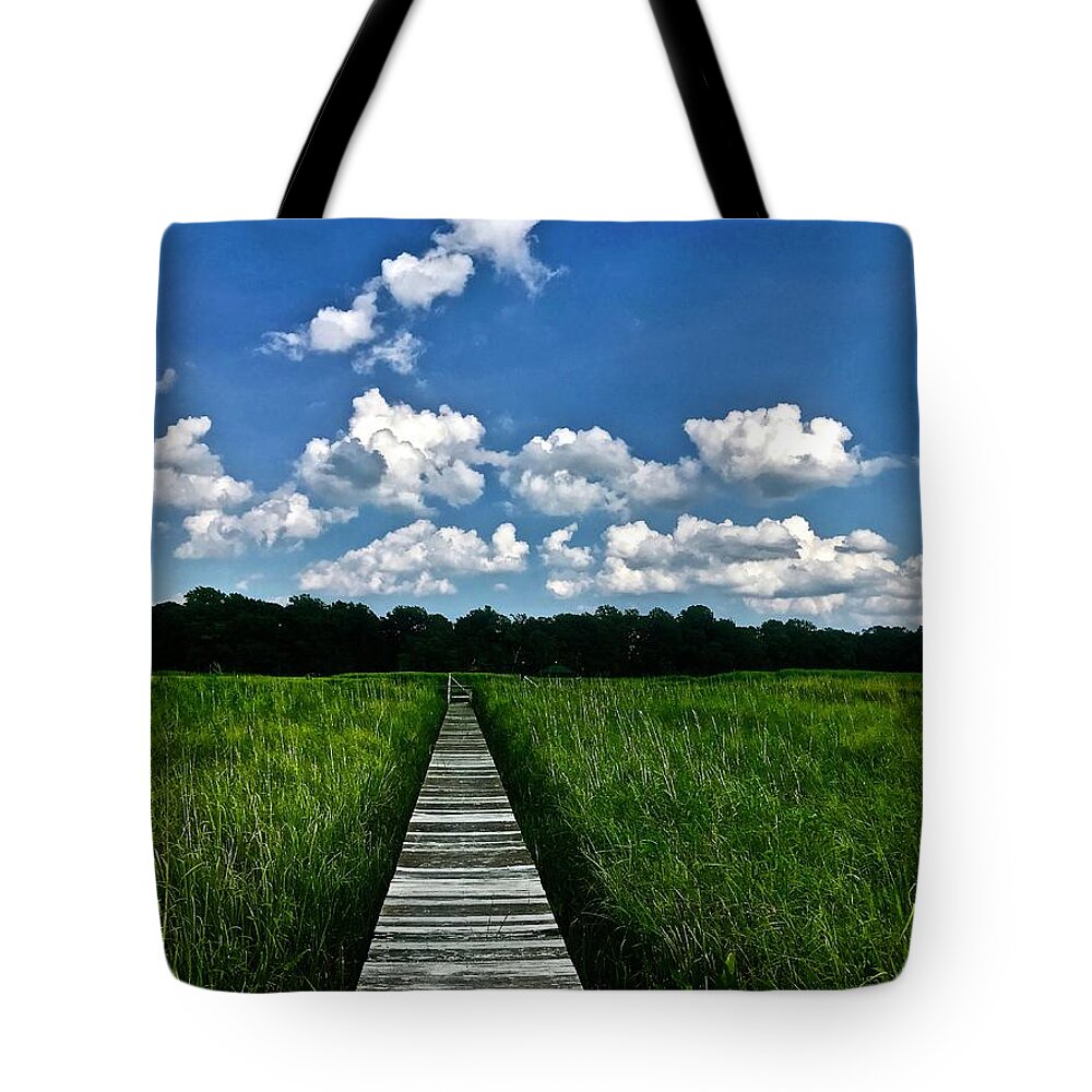 Marsh Tote Bag featuring the photograph Wood across the Marsh by Shawn M Greener
