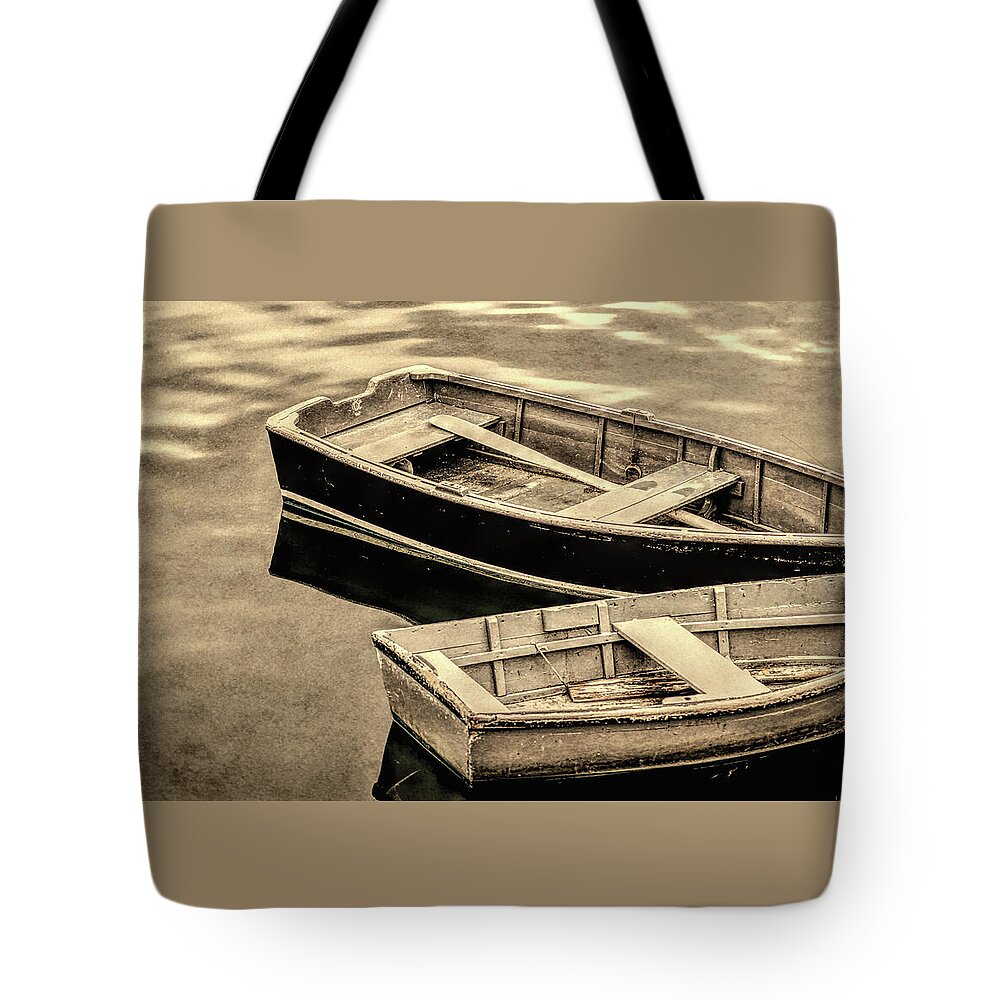 Boats Tote Bag featuring the photograph Wood Rowboats Sepia Distressed by David Smith