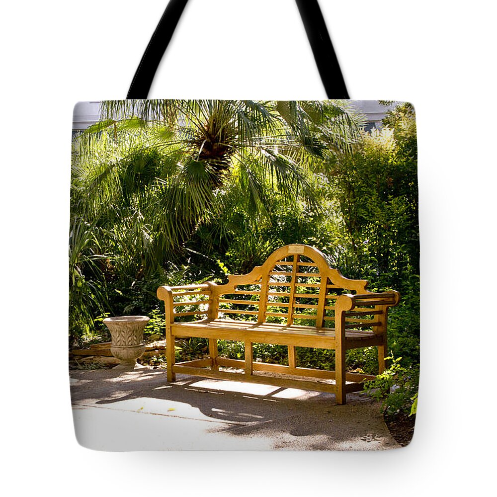 Bench Tote Bag featuring the photograph Wooden Bench in Alamo by Elena Perelman