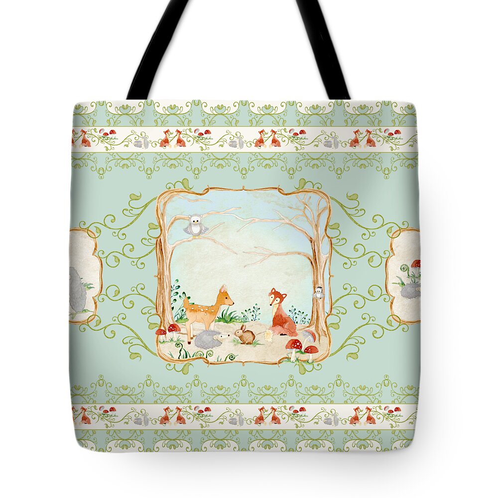 Wood Tote Bag featuring the painting Woodland Fairy Tale - Aqua Blue Forest Gathering of Woodland Animals by Audrey Jeanne Roberts