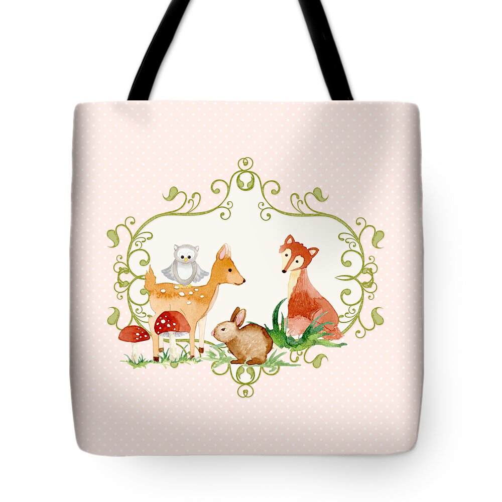Woodland Tote Bag featuring the painting Woodland Fairytale - Animals Deer Owl Fox Bunny n Mushrooms by Audrey Jeanne Roberts