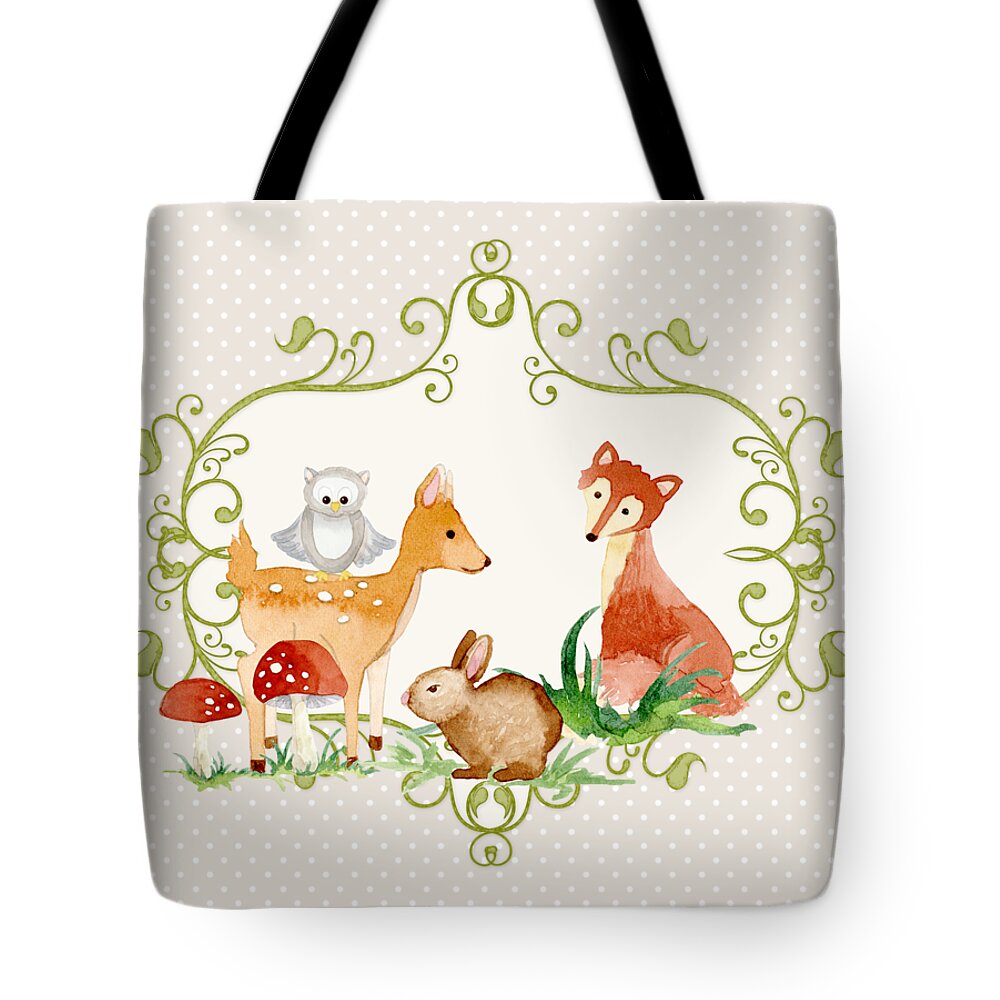Grey Tote Bag featuring the painting Woodland Fairytale - Grey Animals Deer Owl Fox Bunny n Mushrooms by Audrey Jeanne Roberts