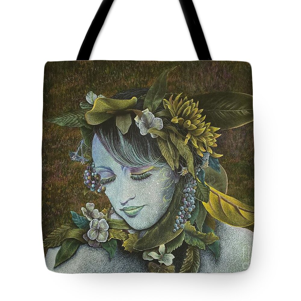 Flowers Tote Bag featuring the drawing Woodland Nymph SOLD prints available by Lisa Bliss Rush