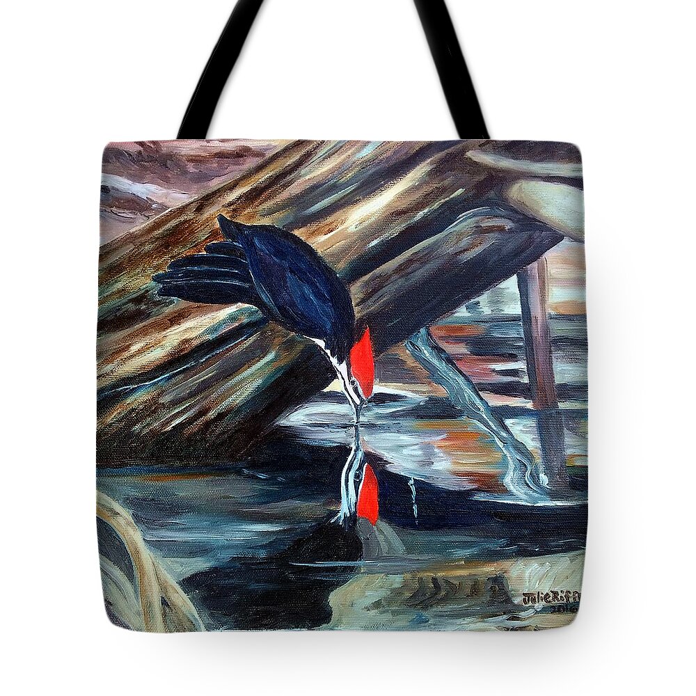 Bird Tote Bag featuring the painting Woodpecker Sipping Water by Julie Brugh Riffey