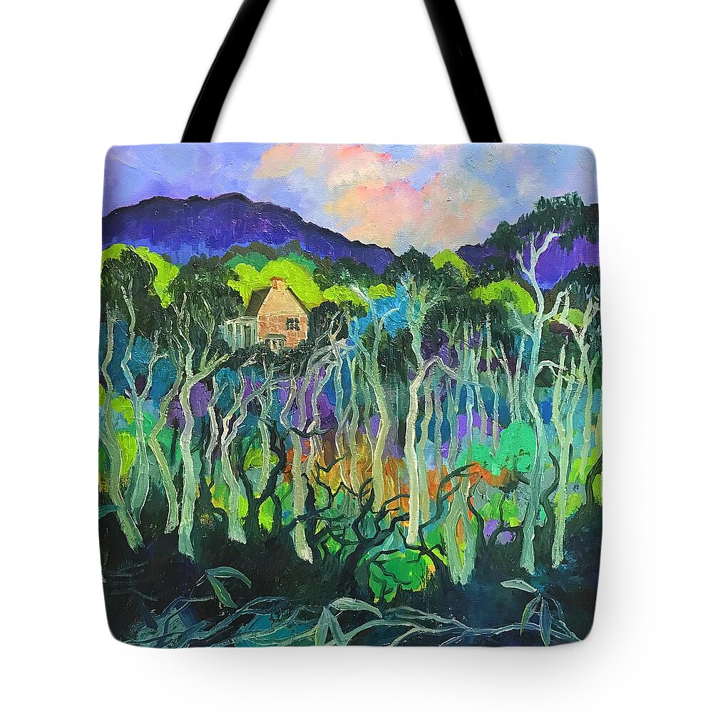 Cottage In The Woods Tote Bag featuring the painting Woods and Shadows by Esther Woods