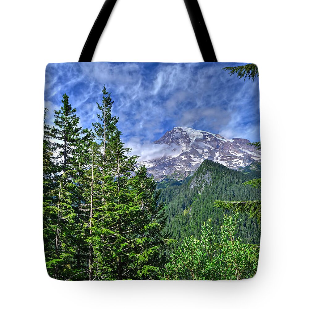 Mt. Rainier National Park Tote Bag featuring the photograph Woods Surrounding Mt. Rainier by Don Mercer