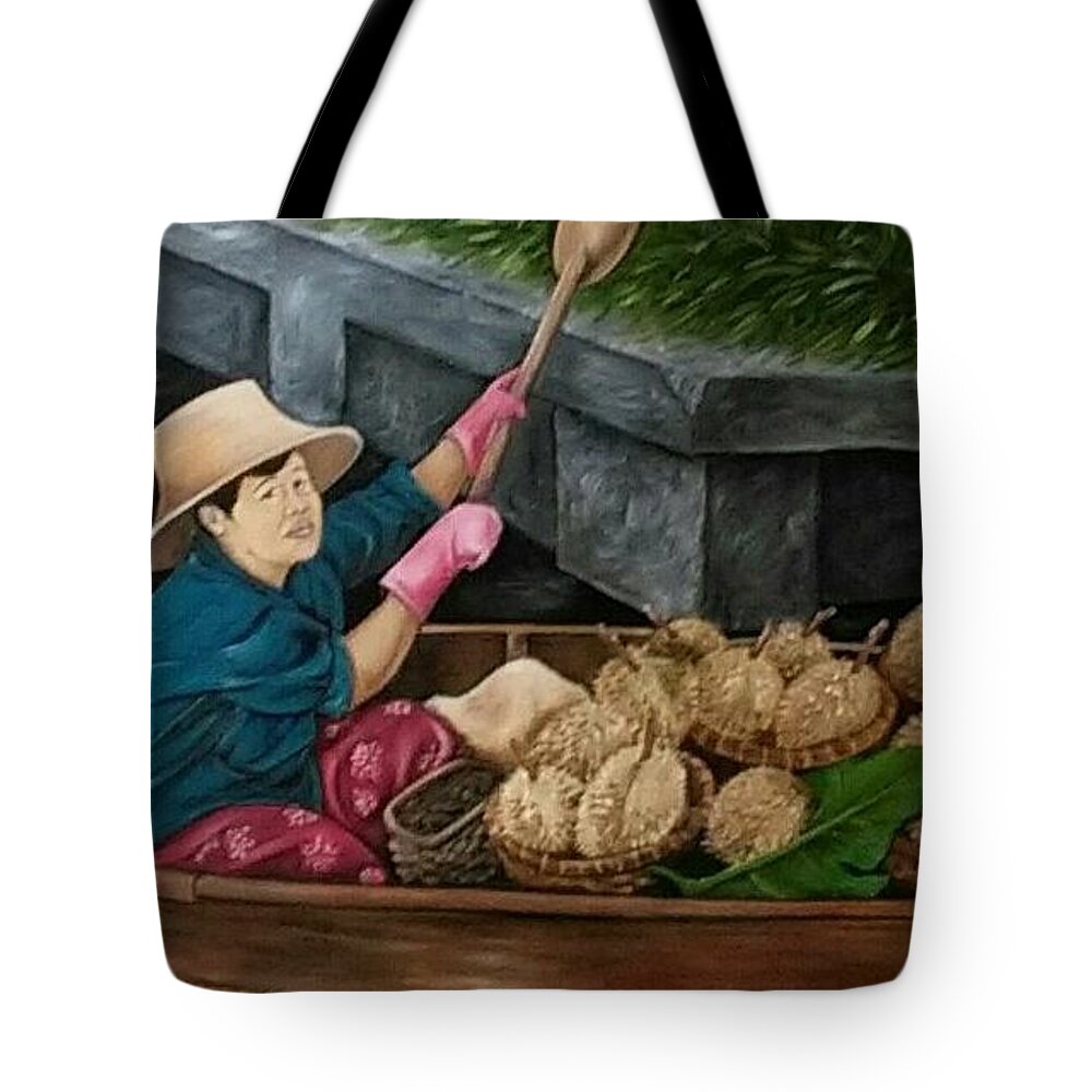 Japanese Women Boaters Tote Bag featuring the painting Working On The Water by Jenny Pickens