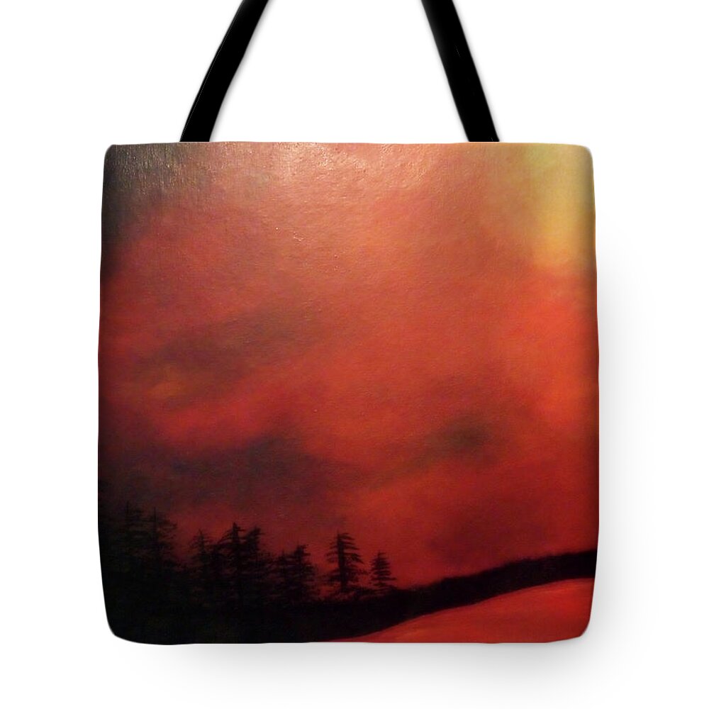 Red Tote Bag featuring the painting World on Fire by Eseret Art