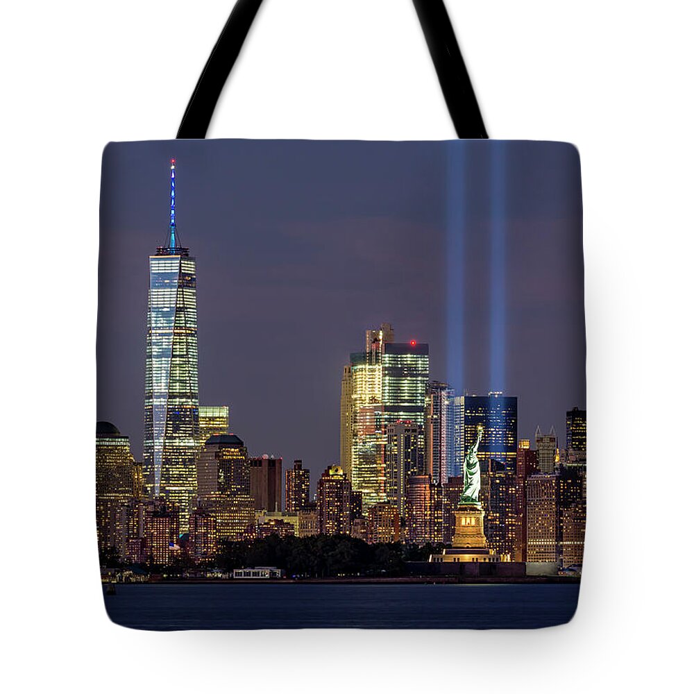 September 11 Tote Bag featuring the photograph World Trade Center WTC Tribute In Light Memorial by Susan Candelario
