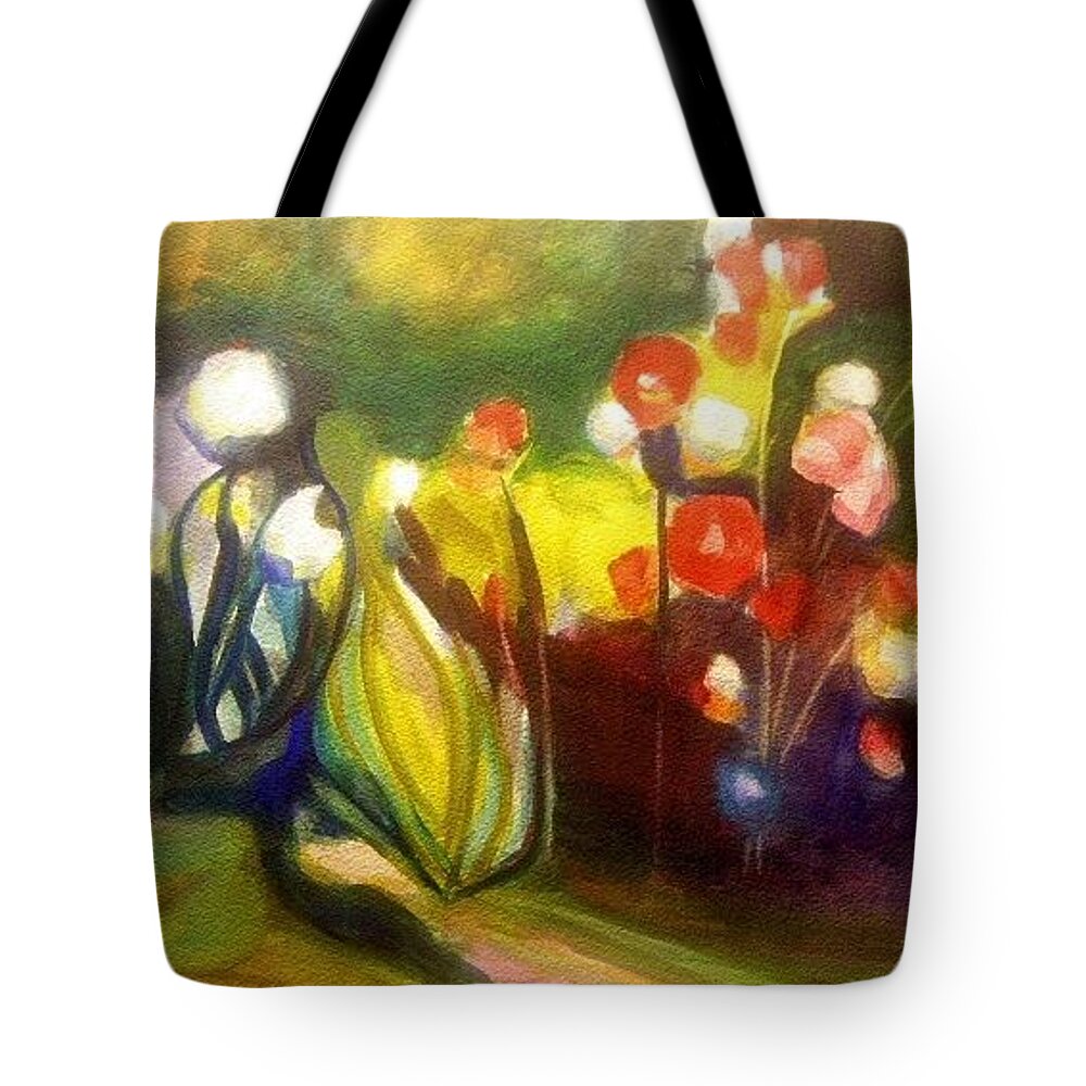 Garden Tote Bag featuring the painting Warm Flowers in a Cool Garden by Nicolas Bouteneff