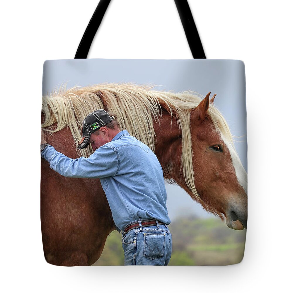 Wrangler Jeans Tote Bag featuring the photograph Wrangler Jeans and Belgian Horse by Robert Bellomy