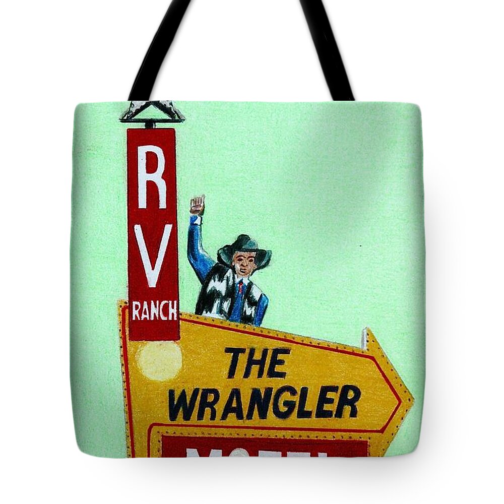 Vintage Tote Bag featuring the drawing Wrangler Motel by Glenda Zuckerman