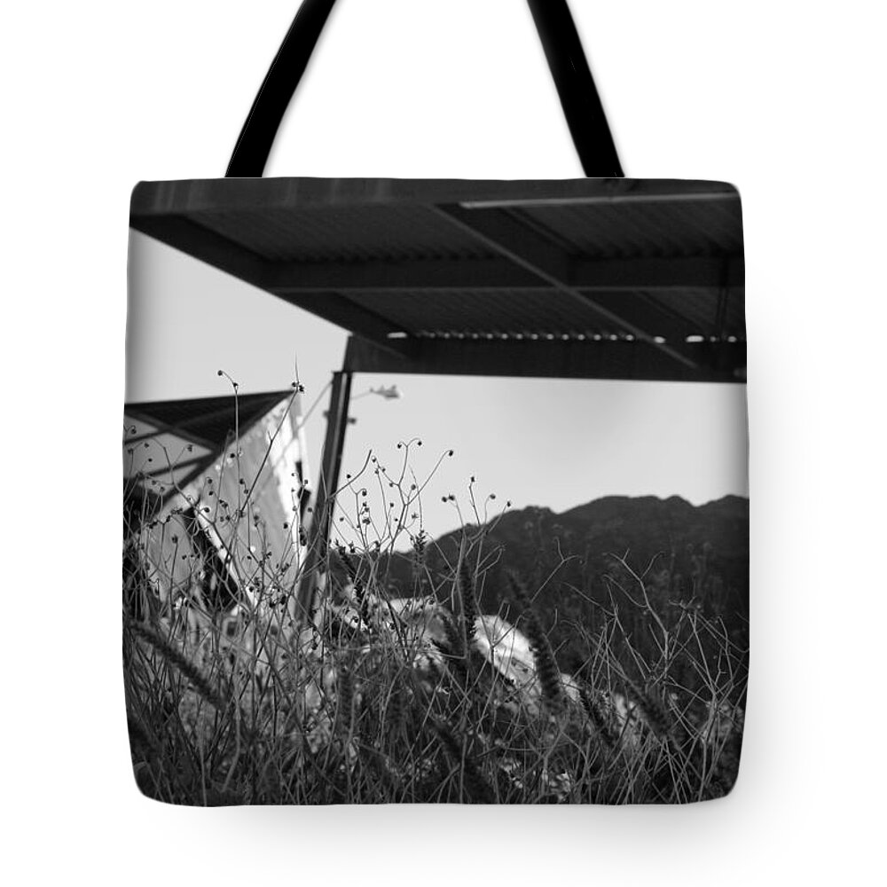 Abandoned Tote Bag featuring the photograph Wreak Black and White by David S Reynolds