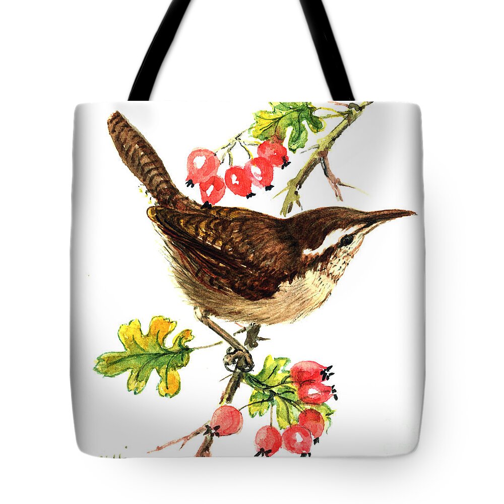 Wren Tote Bag featuring the painting Wren and rosehips by Nell Hill