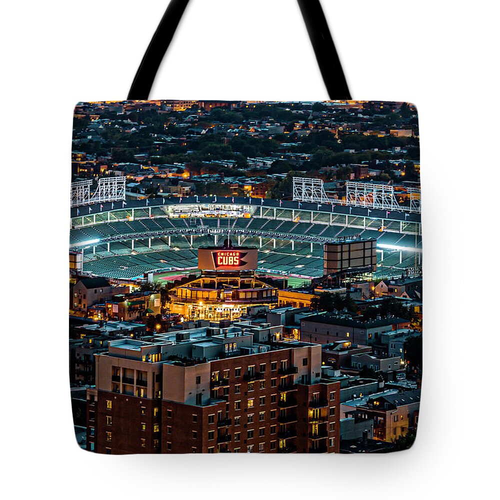 Wrigley Field From Park Place Towers Dsc4678 Tote Bag featuring the photograph Wrigley Field from Park Place Towers DSC4678 by Raymond Kunst