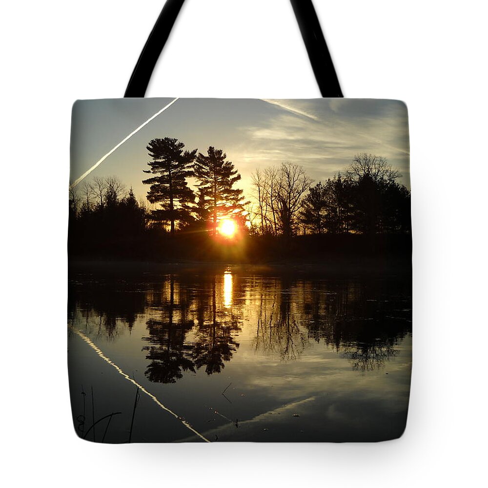 Mississippi River Tote Bag featuring the photograph X Marks the Spot Sunrise Reflection by Kent Lorentzen
