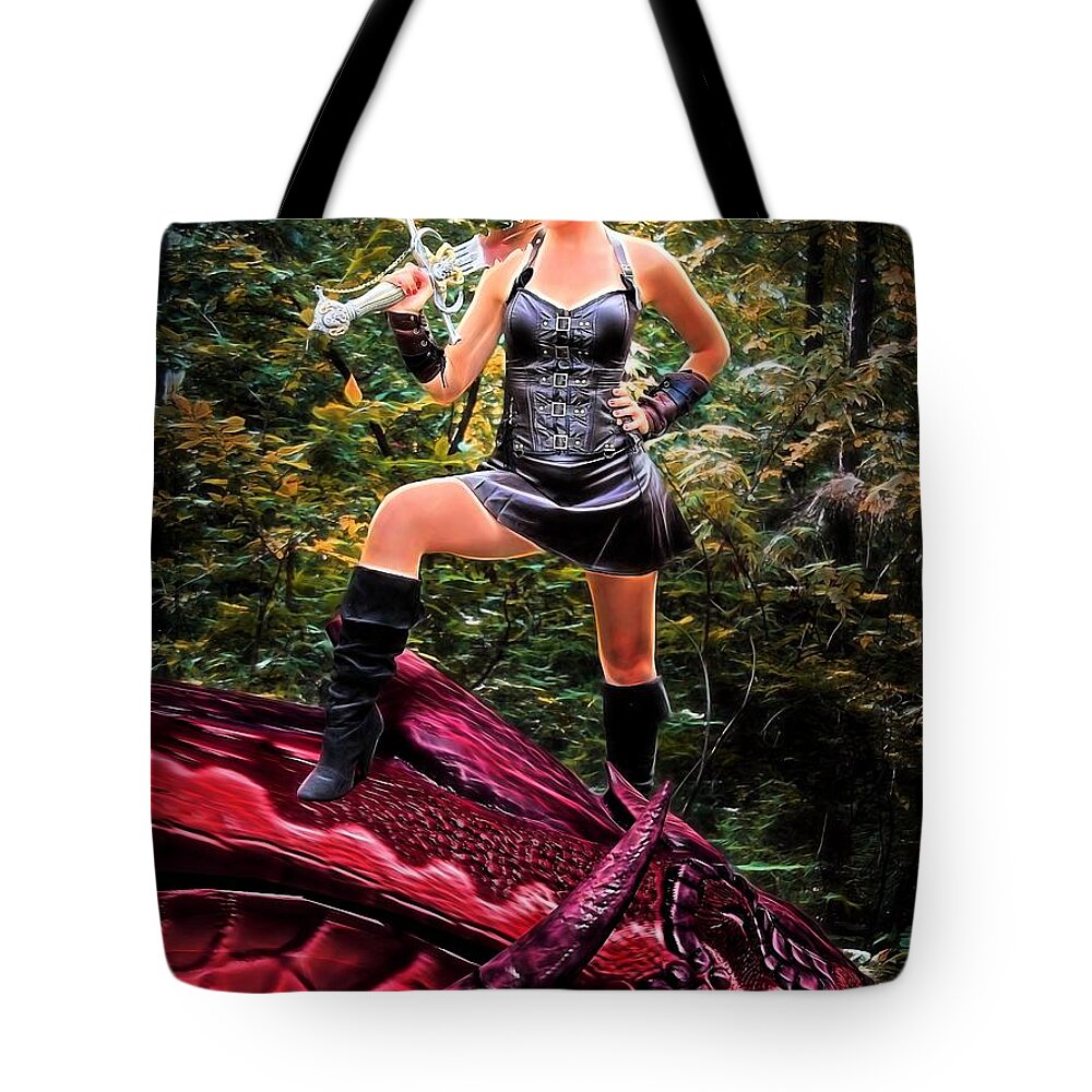 Xena Tote Bag featuring the painting Xena Meets Dragon by Jon Volden