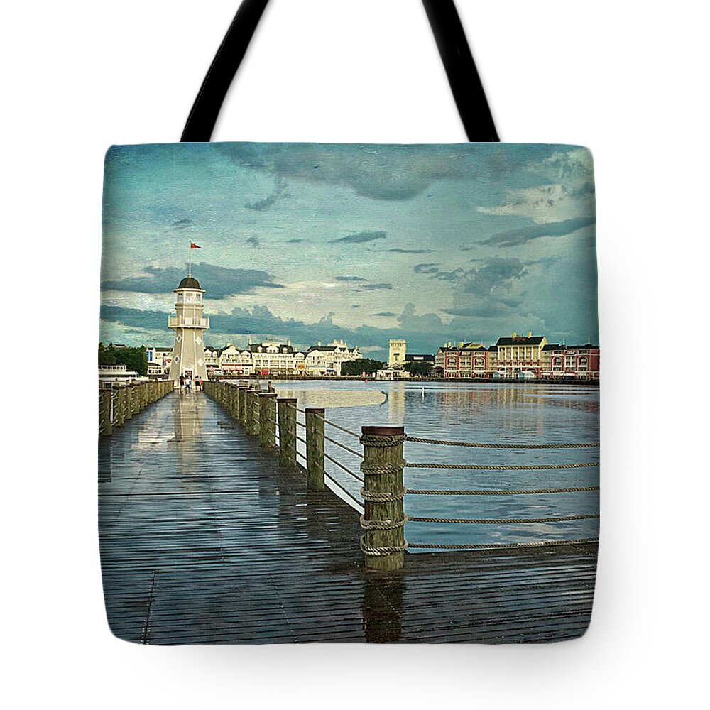 Castle Tote Bag featuring the photograph Yacht and Beach Lighthouse Disney World Textured Sky MP by Thomas Woolworth
