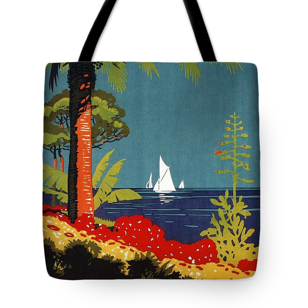 Loano Tote Bag featuring the painting Yachts on the sea in beautiful Loano, Liguria - Italy - Vintage Travel Poster by Studio Grafiikka