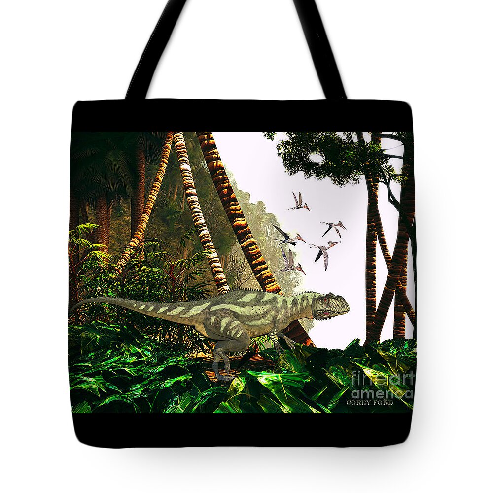 Dinosaur Tote Bag featuring the painting Yangchuanosaurus in Jungle by Corey Ford