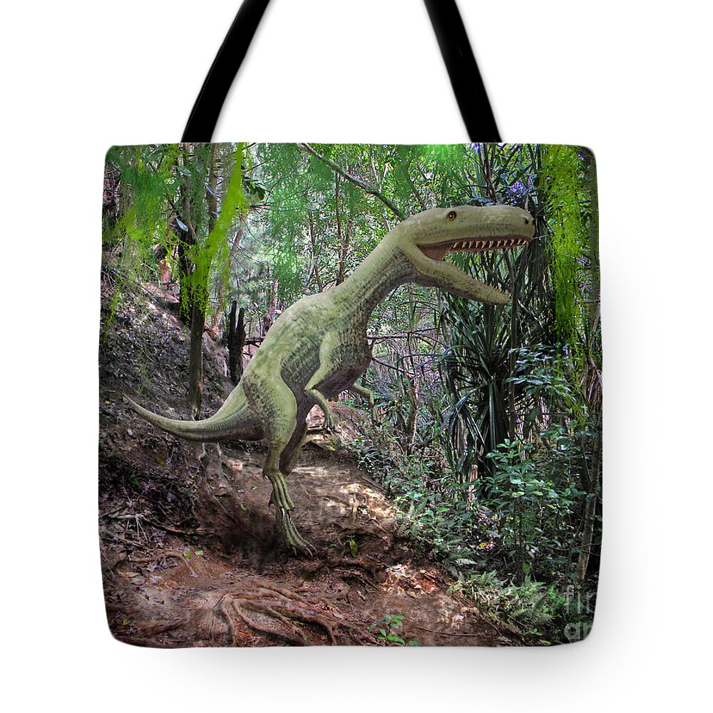 Dinosaur Art Tote Bag featuring the mixed media Yangchuanosaurus In Jungle by Frank Wilson