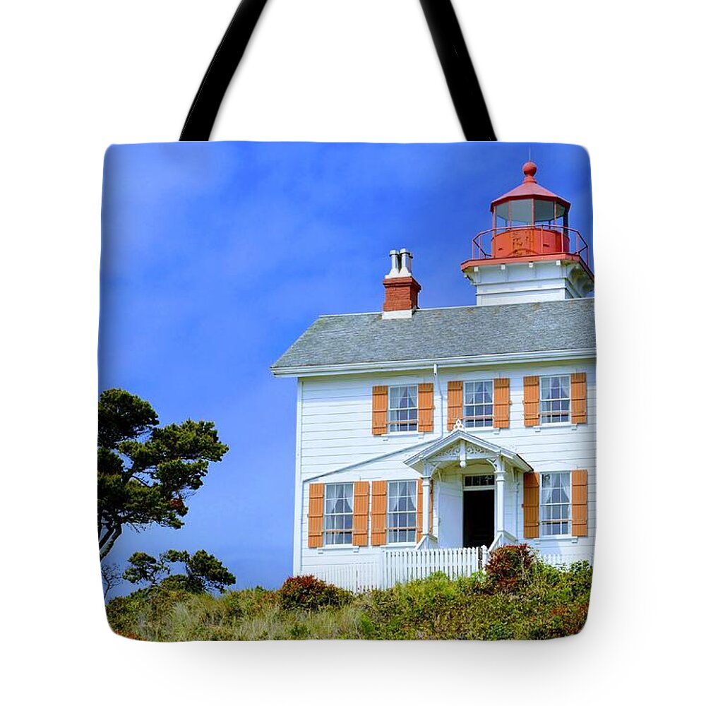 Scenic Tote Bag featuring the photograph Yaquina Bay Lighthouse by AJ Schibig