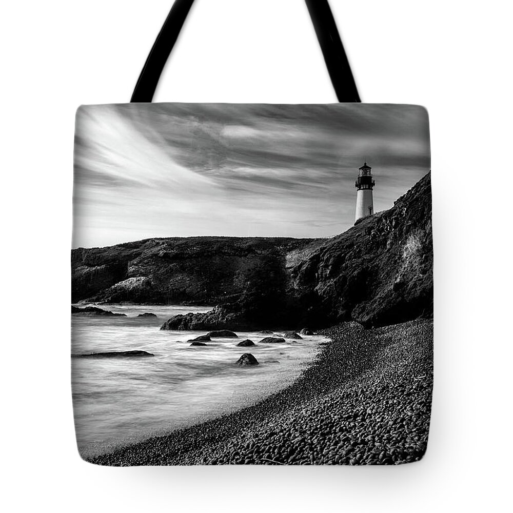 Lighthouse Tote Bag featuring the photograph Yaquina Head Lighthouse 1 Black and white by Lara Ellis