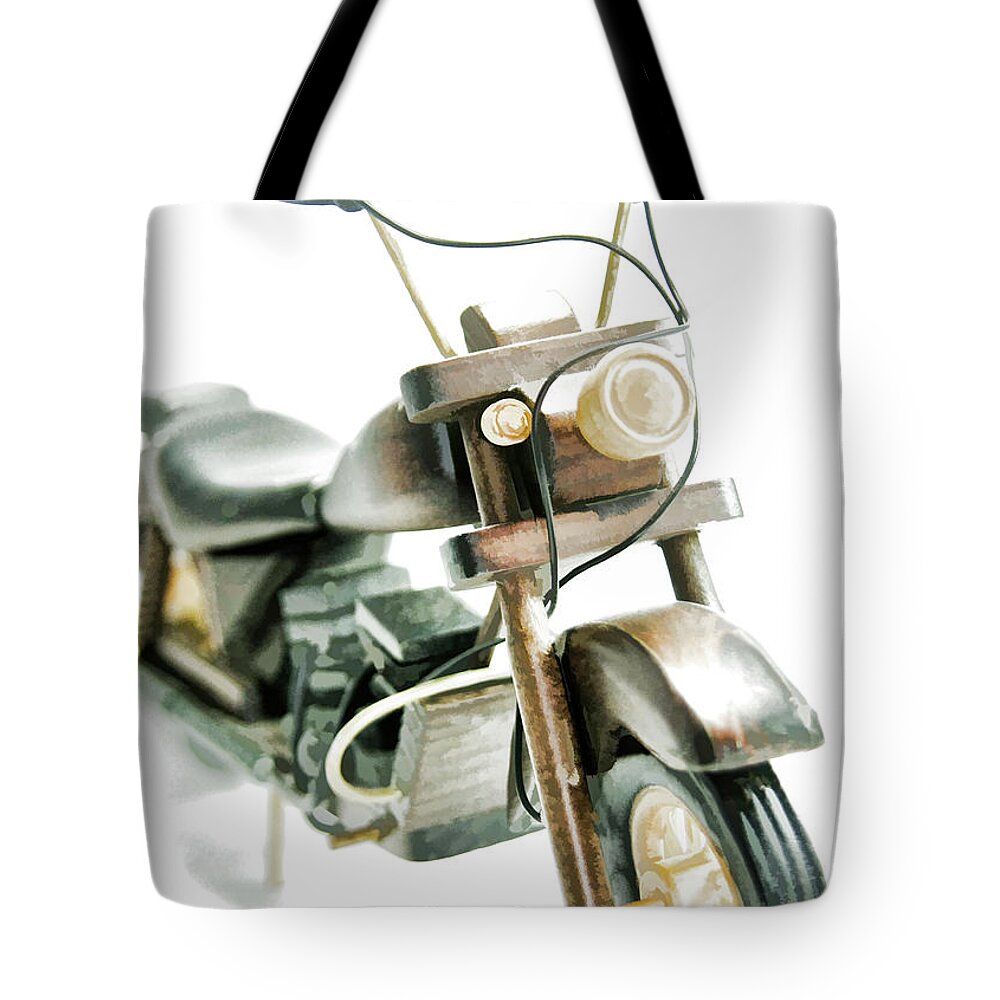 Motorcycle Tote Bag featuring the photograph Yard Sale Wooden Toy Motorcycle by Wilma Birdwell