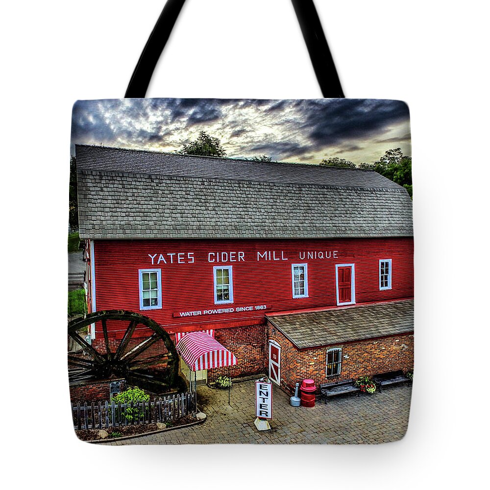 Rochester Tote Bag featuring the digital art Yates Cider Mill DJI_0072 by Michael Thomas