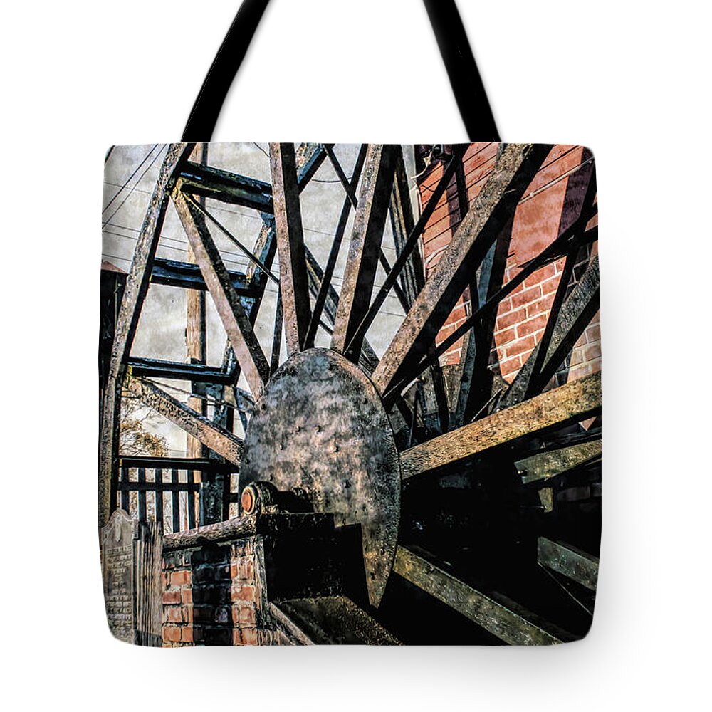 Yates Tote Bag featuring the photograph Yates Cider Mill Water Wheel by Joann Copeland-Paul