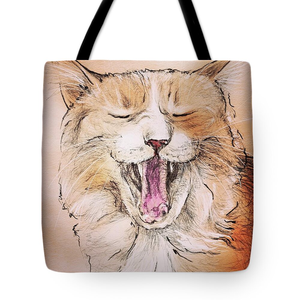 Cat Tote Bag featuring the digital art Yawning Ginger Cat by AnneMarie Welsh