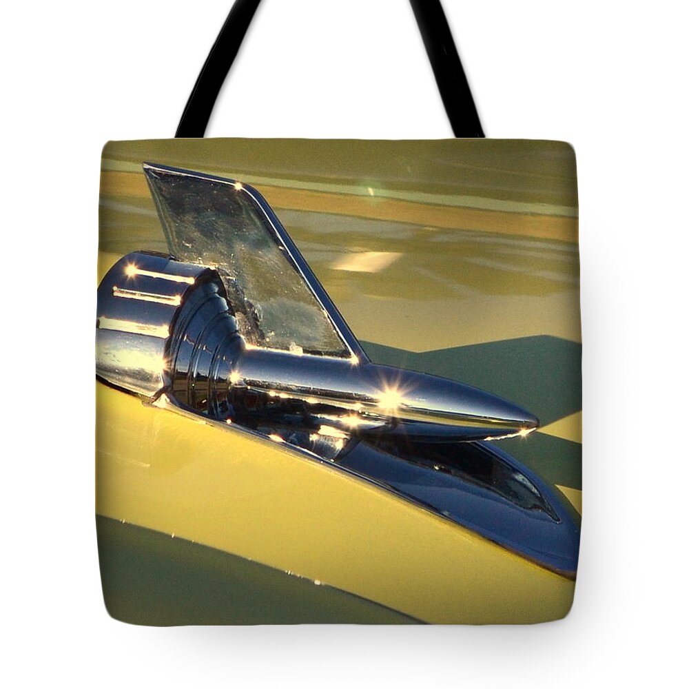  Tote Bag featuring the photograph Yellow 57 Chevy Hood by Dean Ferreira