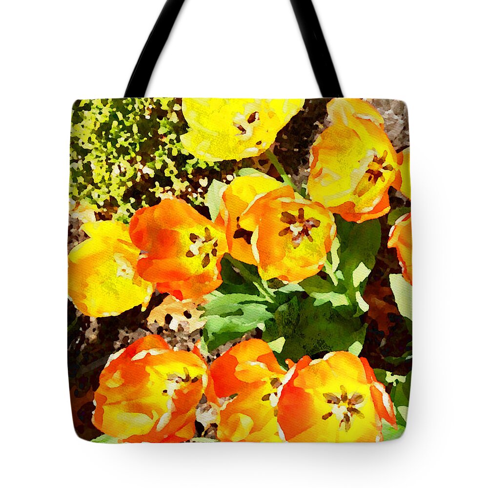 Yellow And Orange Tulips Tote Bag featuring the mixed media Yellow and Orange Tulips Watercolor by Femina Photo Art By Maggie