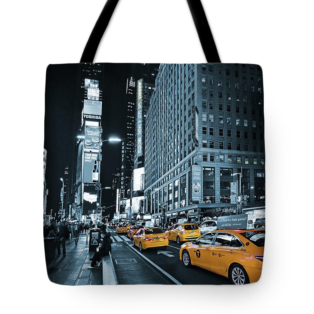 New York City Tote Bag featuring the photograph Yellow Broadway at Night - NYC by Carlos Alkmin