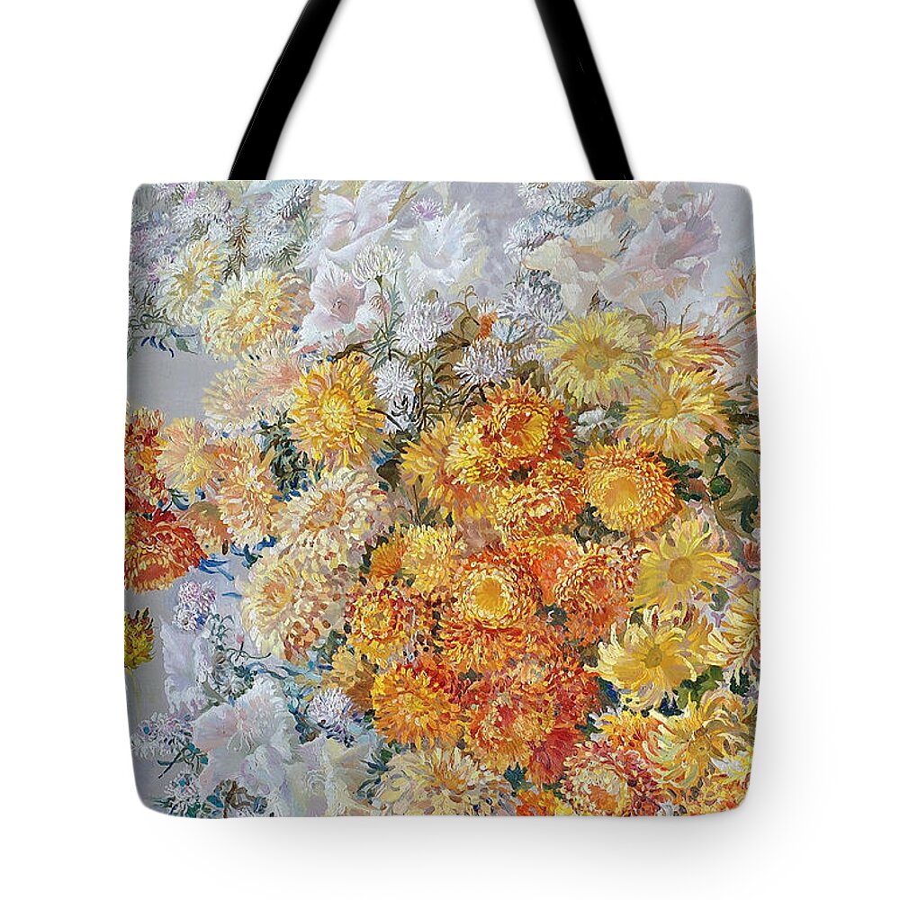 Maya Gusarina Tote Bag featuring the painting Yellow Chrysanthemum by Maya Gusarina