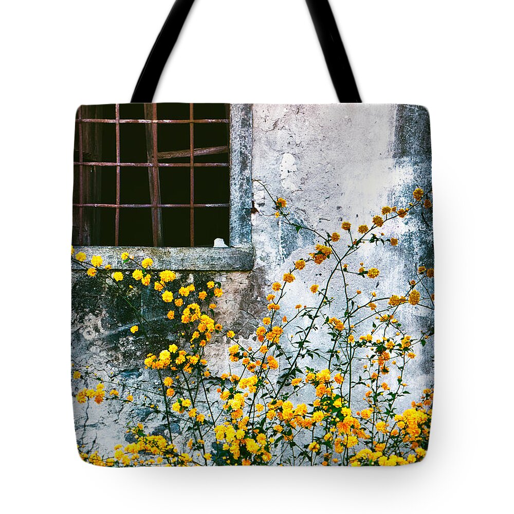 Abandoned Tote Bag featuring the photograph Yellow Flowers And Window by Silvia Ganora