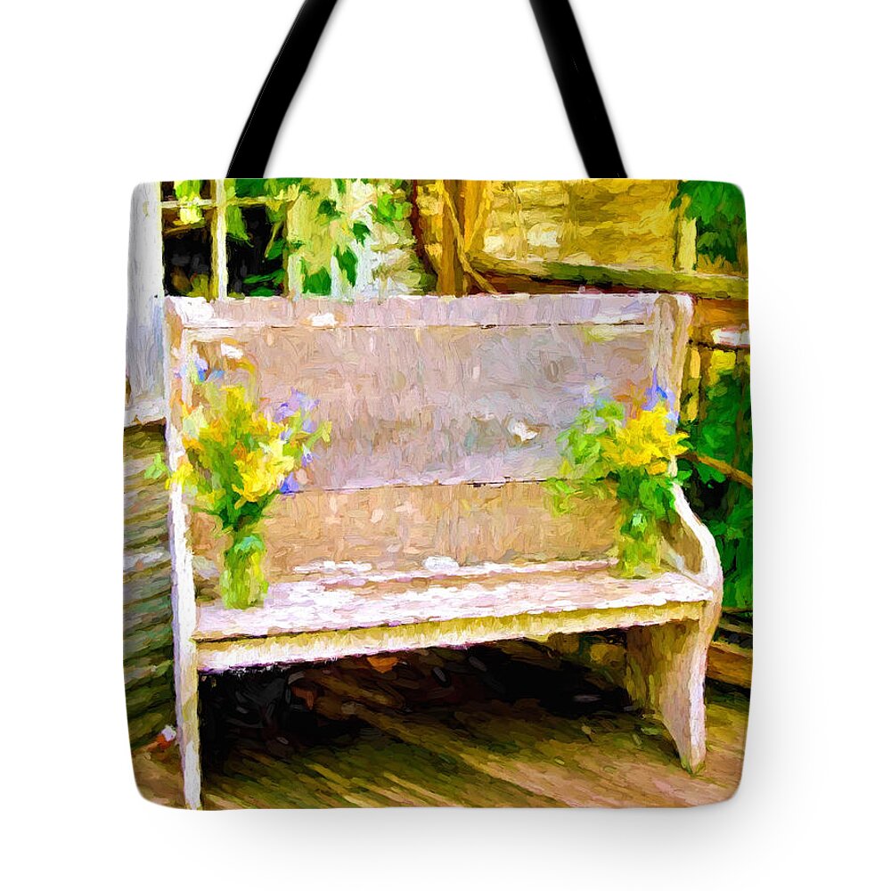 Porch Tote Bag featuring the photograph Yellow Flowers on Porch Bench by Ginger Wakem