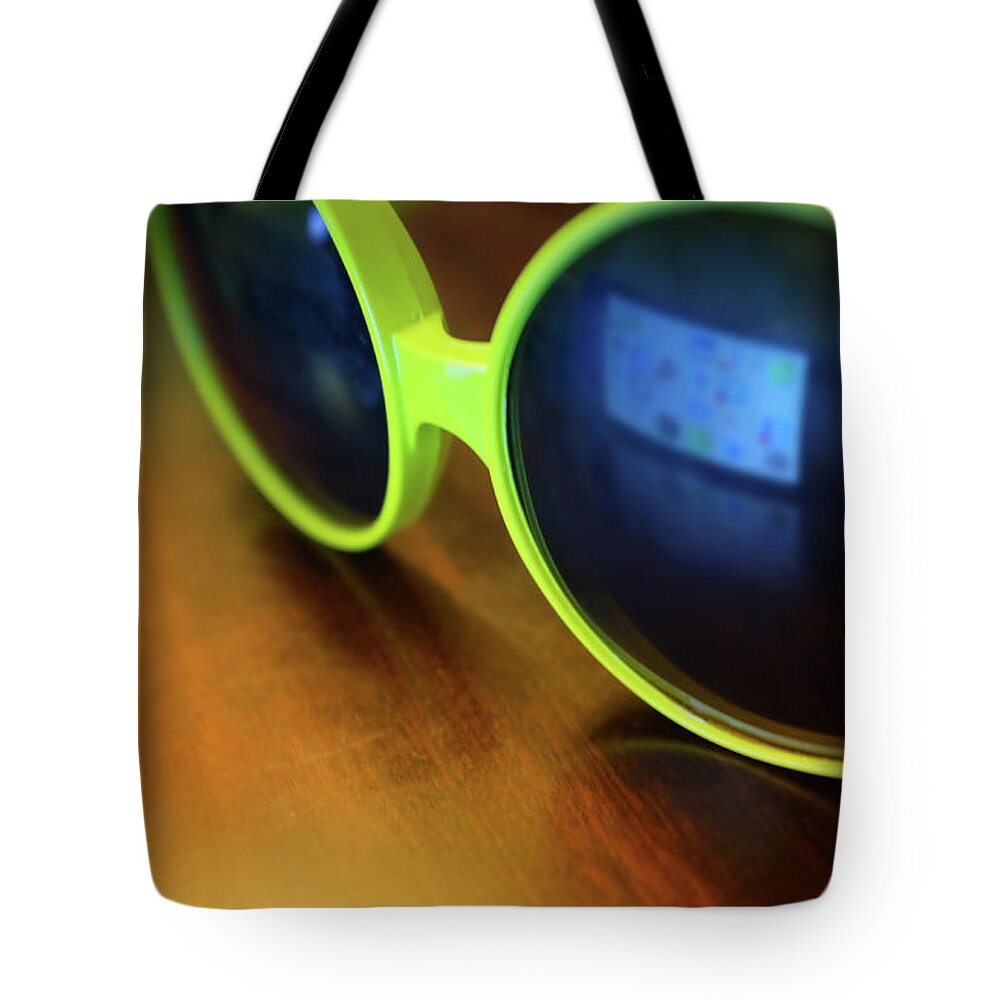 Goggles Tote Bag featuring the photograph Yellow Goggles With Reflection by Carlos Caetano