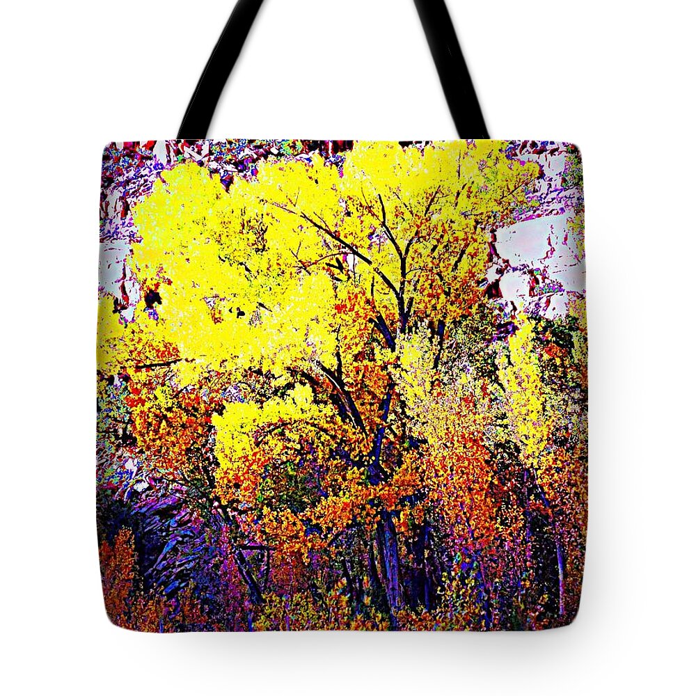  Cottonwood In Yellow Gold After Frost Tote Bag featuring the digital art Yellow Gold after frost by Annie Gibbons