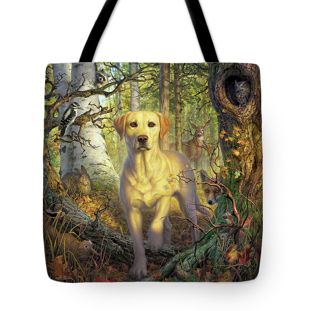 Labrador Tote Bag featuring the digital art Yellow Lab in Fall by Mark Fredrickson