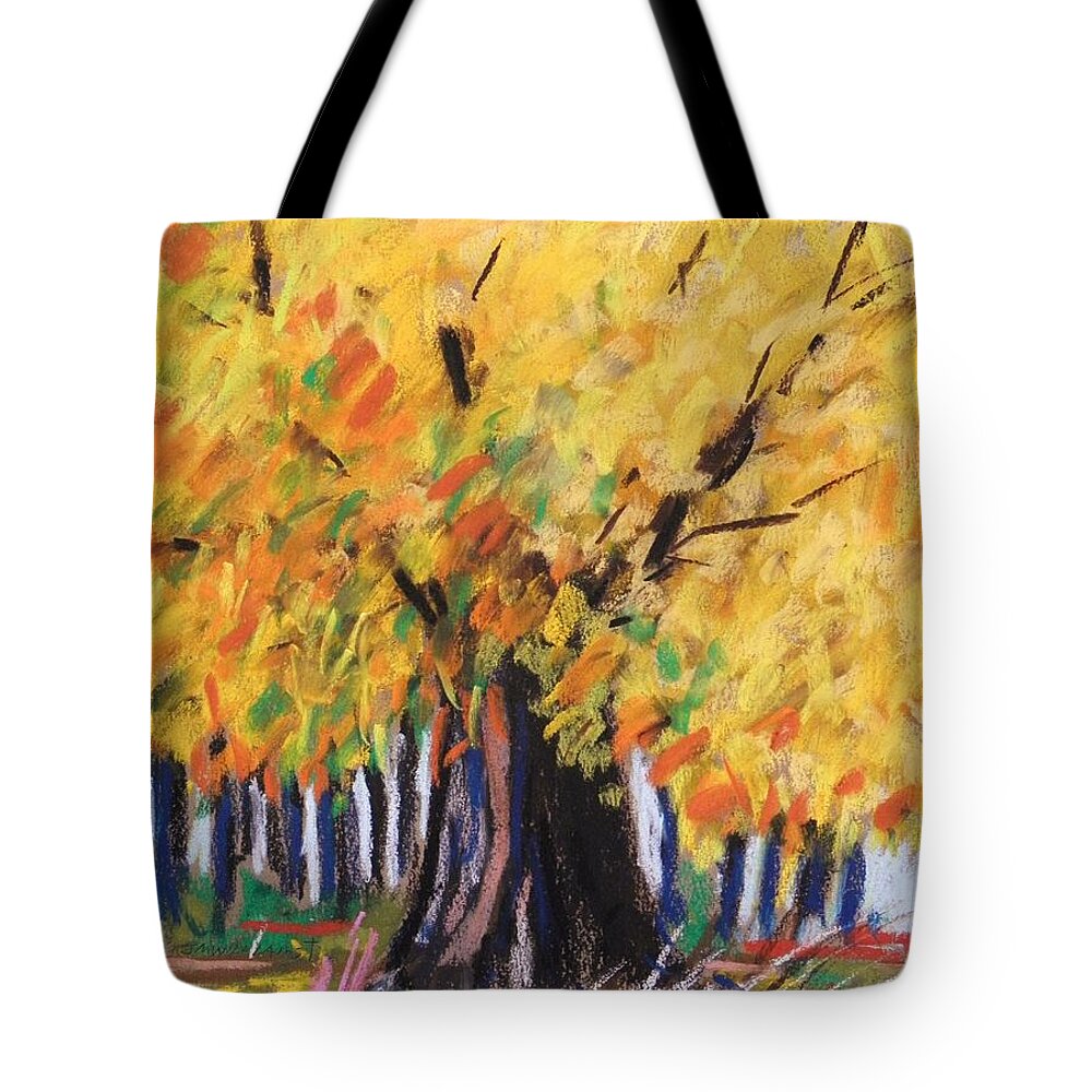 Tree Tote Bag featuring the painting Yellow Maple Wet Trunk by John Williams
