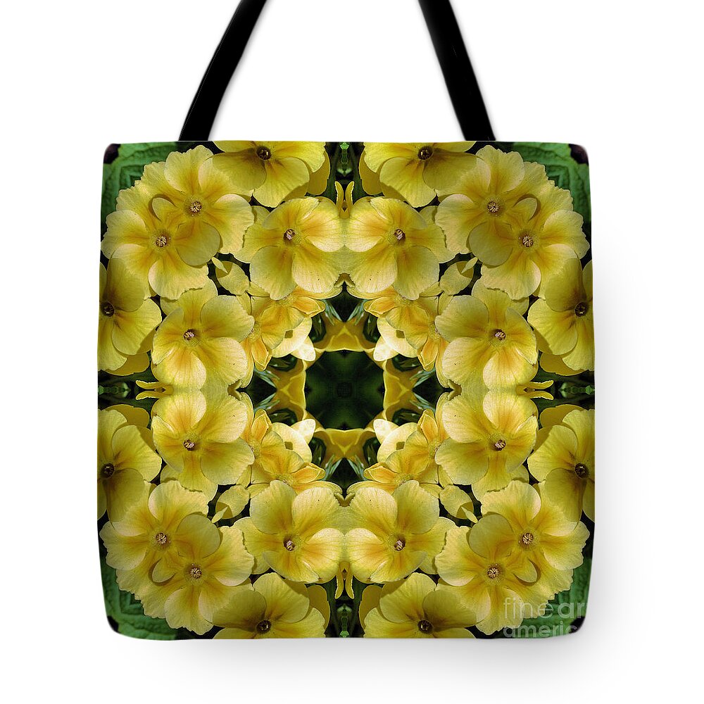 Flower Tote Bag featuring the digital art Yellow Primrose Abstract Kaleidoscope by Smilin Eyes Treasures