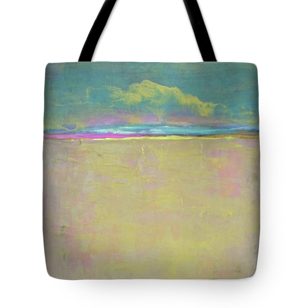 Landscape Tote Bag featuring the painting Yellow Rain on Sandy Beach by Vesna Antic