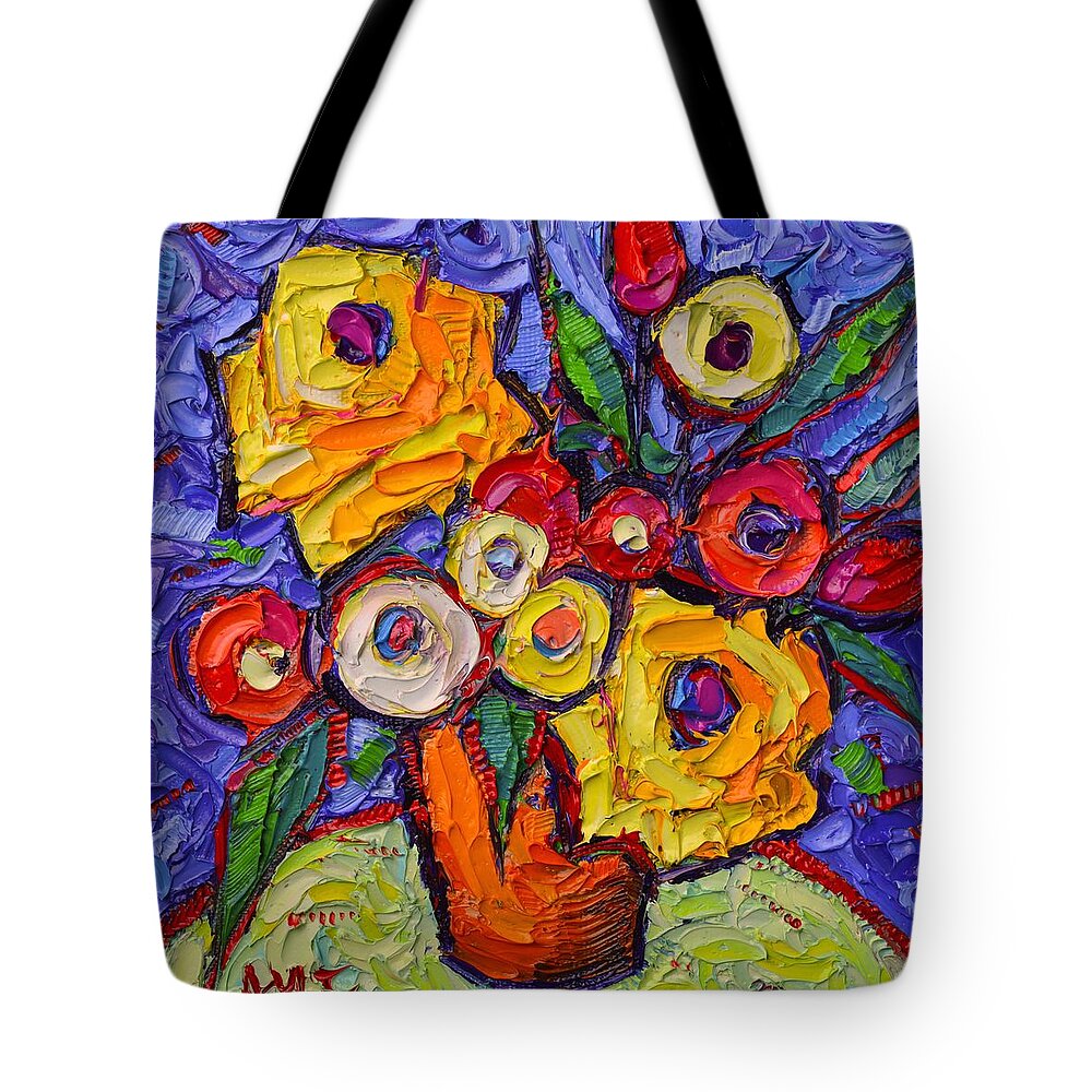 Rose Tote Bag featuring the painting YELLOW ROSES AND WILDFLOWERS abstract impressionist impasto knife oil painting by ANA MARIA EDULESCU by Ana Maria Edulescu