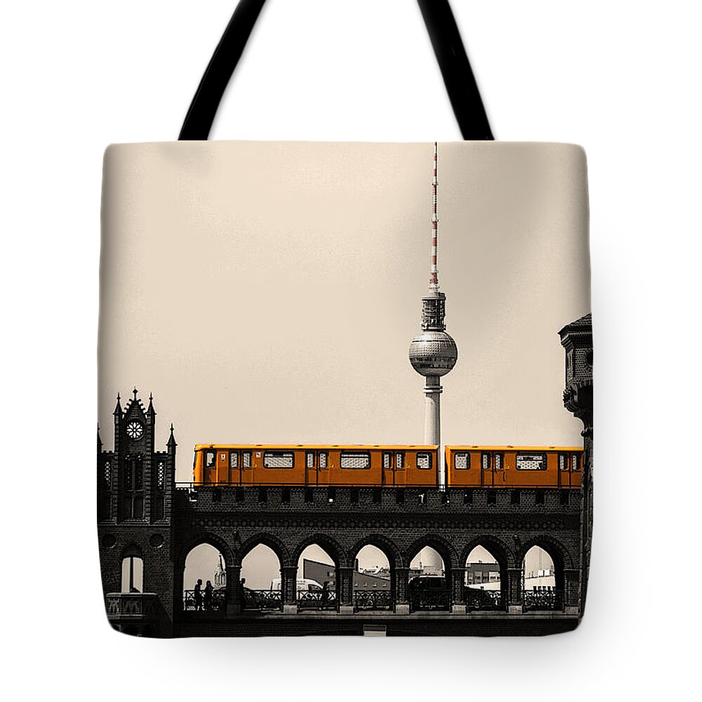 Germany Tote Bag featuring the digital art Yellow train and a tower by Nathan Wright
