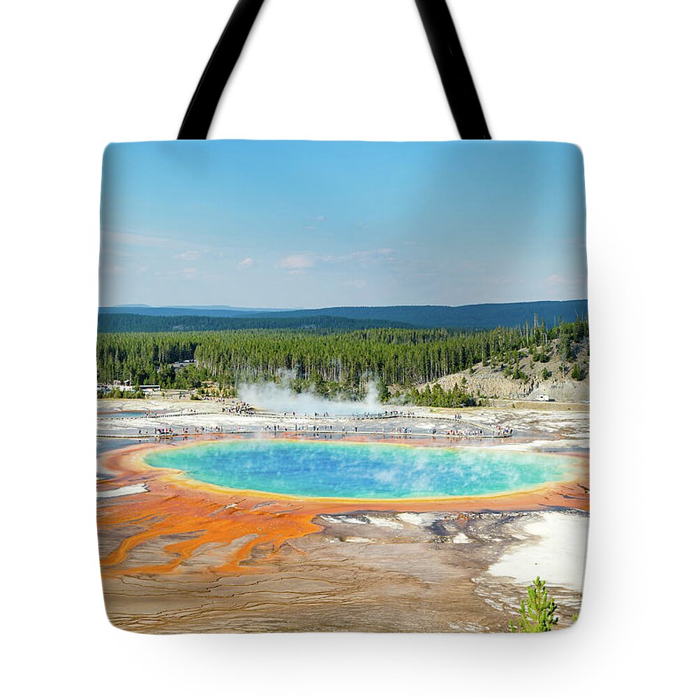 Grand Prismatic Spring Tote Bag featuring the photograph Yellowstone Grand Prismatic Spring by Andy Myatt