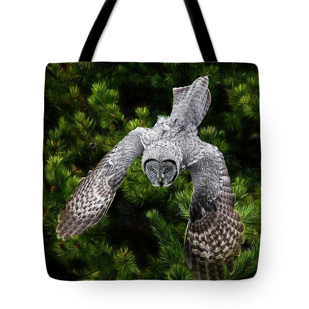 Yellowstone Great Grey Owl Tote Bag featuring the photograph Yellowstone Great Grey Owl by Wes and Dotty Weber
