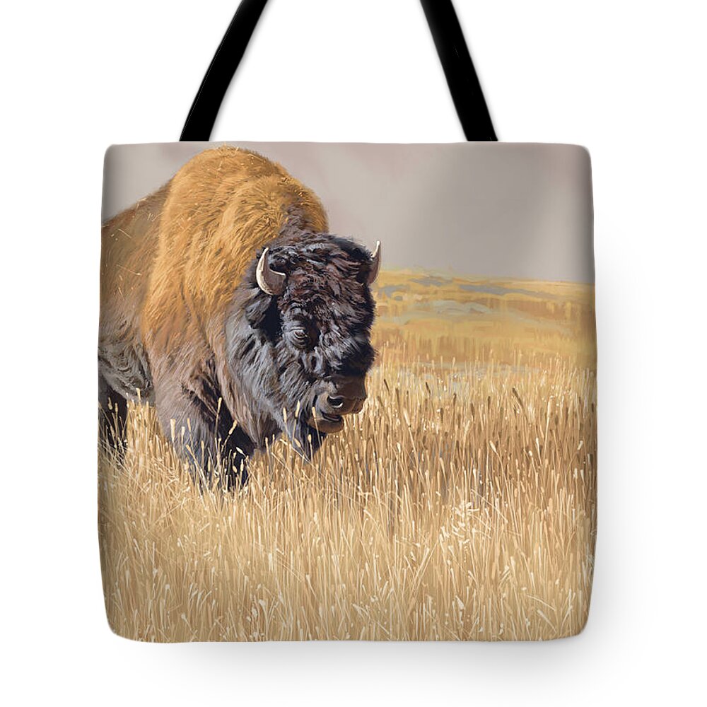 Bison Tote Bag featuring the digital art Yellowstone King by Aaron Blaise