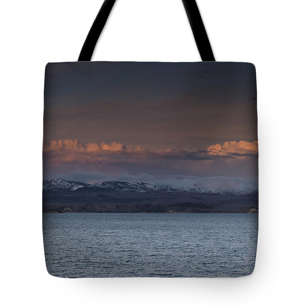Nature Tote Bag featuring the photograph Yellowstone Lake at sunset by David Watkins